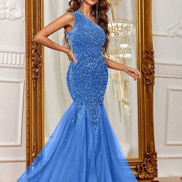 Blue Women's One Shoulder Mermaid Hem Sequin Formal Prom Evening Gown - Picture 5 of 6